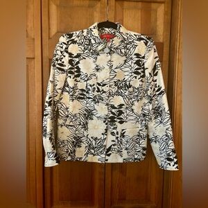 Ann Klein Women’s Sz 8P Cotton White Blazer W/ Yellow and Black Floral Embroider